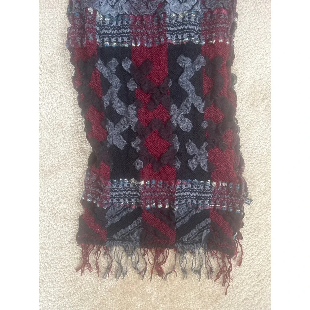 Burgundy Grey Black Geometric Textured Knit Fringe Scarf Oversized Winter Wrap